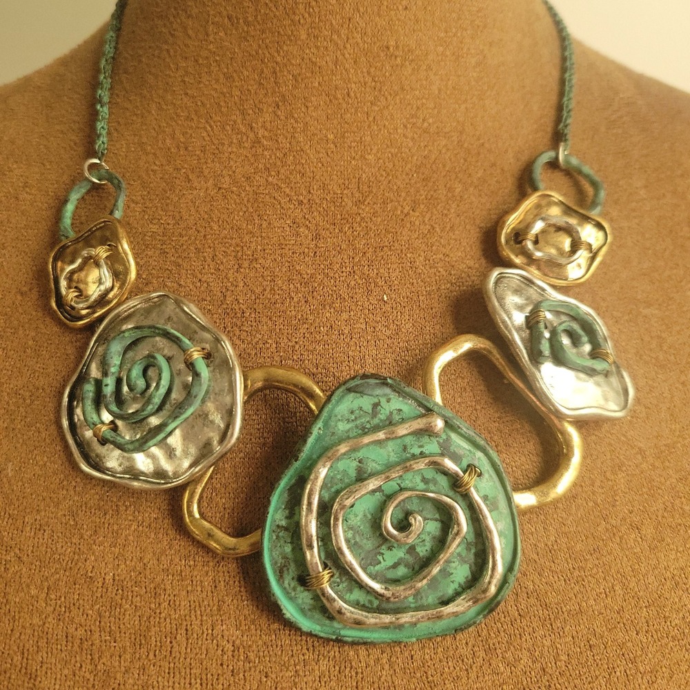 Mixed Metal Verdigris Spiral Statement Necklace 16in Teal Silver Gold Tone 5965